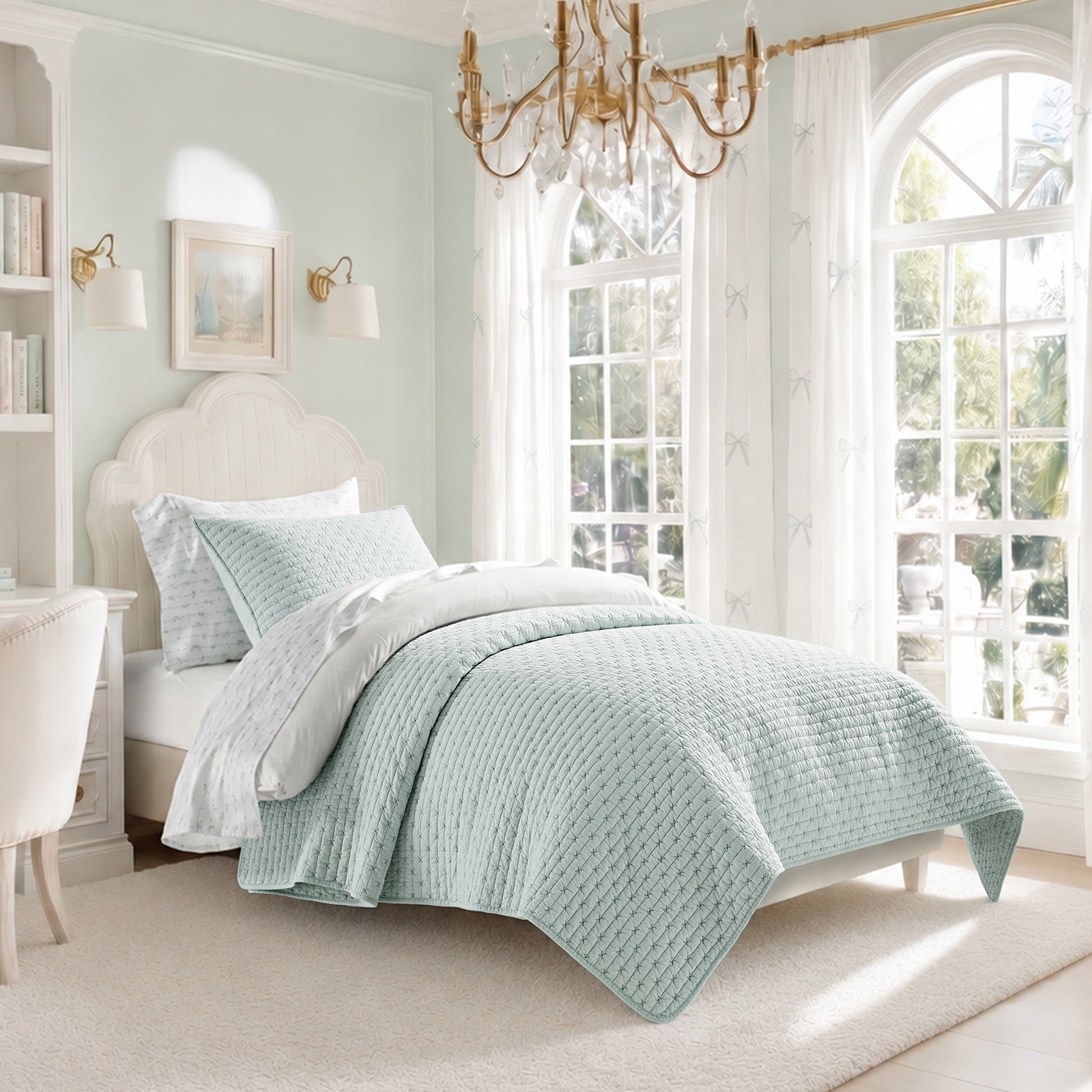 Cotton Quilt Set, Twin + 1 Sham, Seafoam