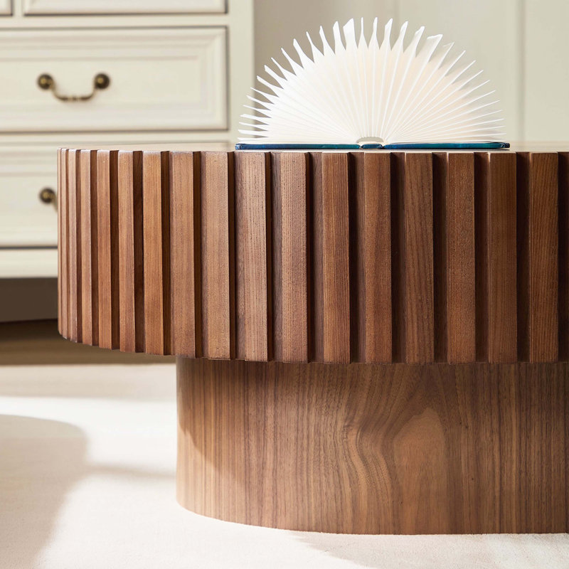 Table basse ovale fabriquée à la main, plateau en bois avec base piédestal robuste