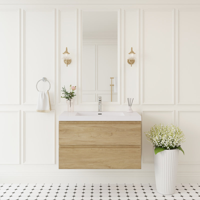 Meuble-lavabo flottant mural de 36 po avec lavabo, style fonctionnel et moderne, lavabo à surface solide, tiroirs à fermeture en douceur, chêne naturel, résine, assemblage facile, conception durable et durable, utilisation durable