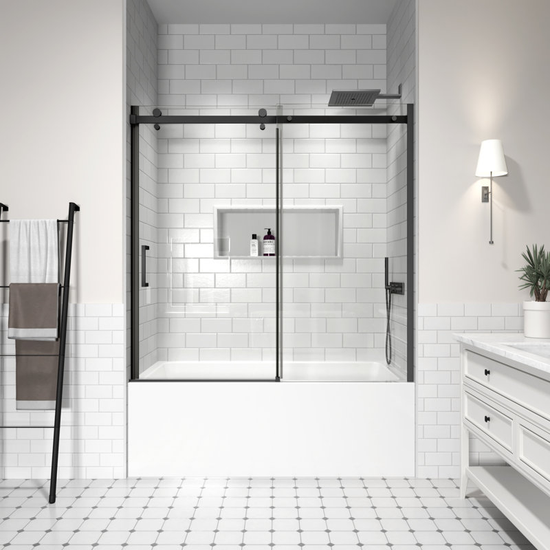 Portes coulissantes de baignoire sans cadre de l 56 à 60 po x H 58 po, porte de douche en verre pour baignoire avec verre trempé clair de 5/16 po (8 mm), portes de douche à finition chromée, installation réversible