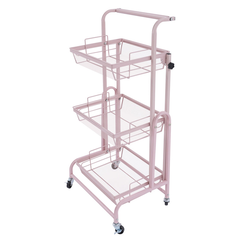 3-Tier Adjustable Metal Rolling Utility Cart with Wheels, Pink