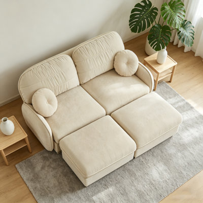 Canapé en U en forme de U en chenille avec dossier matelassé et coussins ronds, canapé profond pour le salon, beige crème