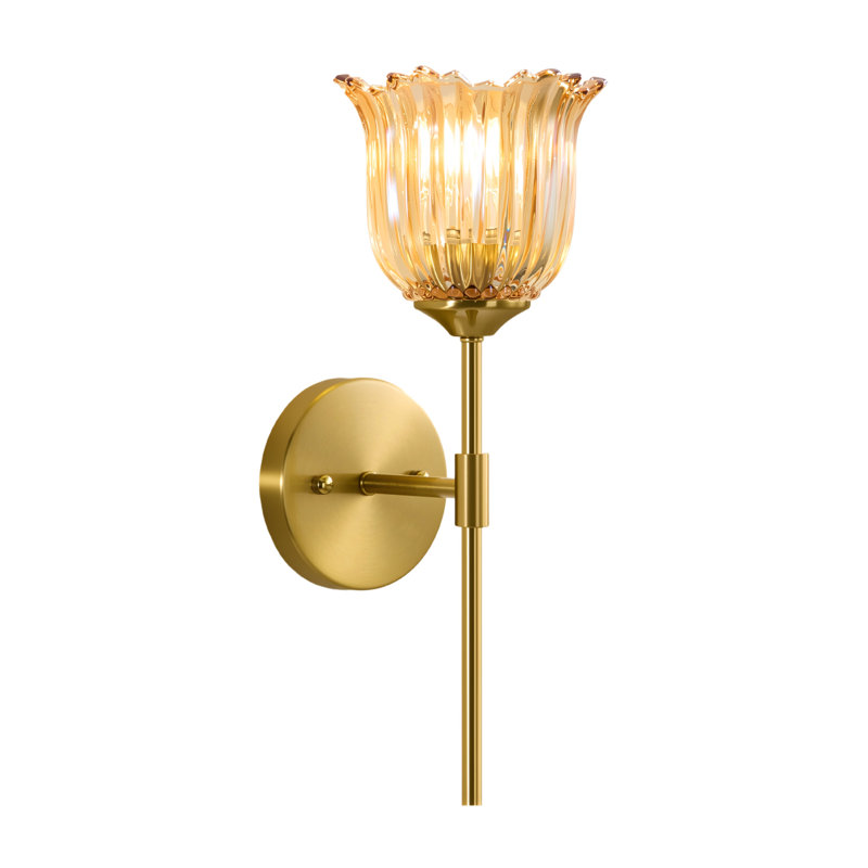 1-Light Iron Armed Gold Wall Sconce With Floral Tulip Petal Amber Glass Shade, Amber