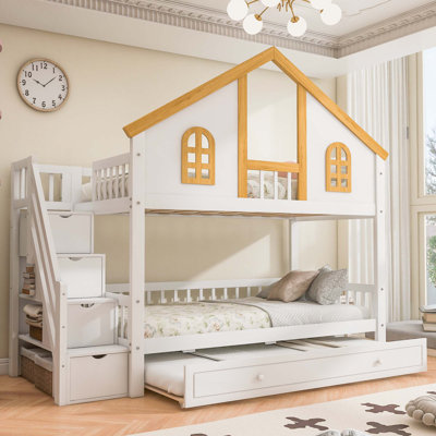 Twin Size Wooden House Roof Bunk Bed With Window Door And Roof,Storage Staircase And Trundle