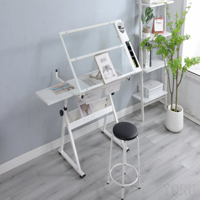 Table à dessin blanche en verre trempé réglable avec chaise