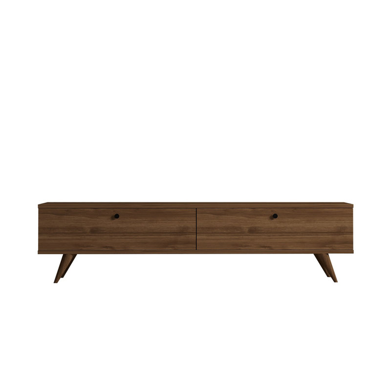Meuble télé moderne en noyer avec nombreuses tablettes de 63,0 po x 15,7 po x 15,7 po | 100% panneau de particules enduit de mélamine, épaisseur: 0,7 pouce | Rangement supplémentaire, pieds en plastique, design scandinave élégant pour le salon