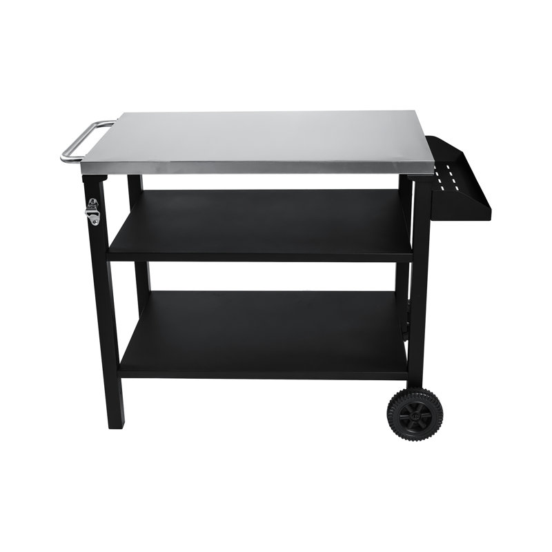 Chariot de barbecue extérieur à 3 roulettes avec plateau en acier inoxydable et tablette latérale, table de préparation barbecue mobile pour la cour arrière, conception de conception noire, cuisson de rangement améliorée, stabilité de mouvement en douceur,