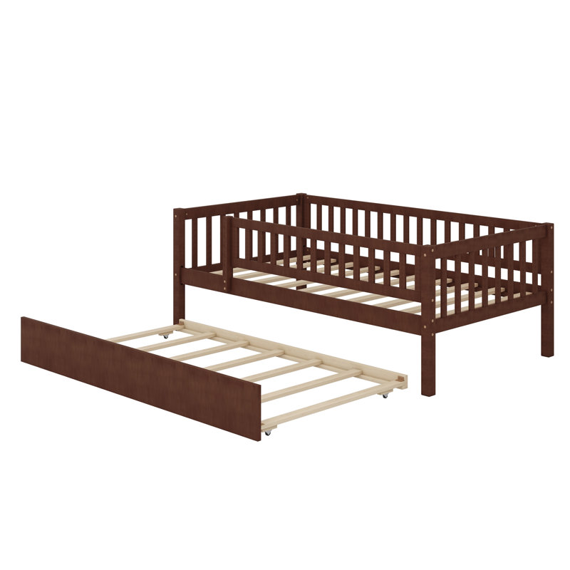 Daybed With Trundle And Fence Guardrails, Walnut, Twin