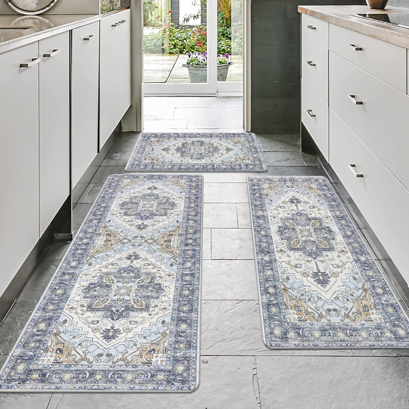 Tapis de cuisine antidérapant et antidérapant (ensemble de 3), Bleu / Brun