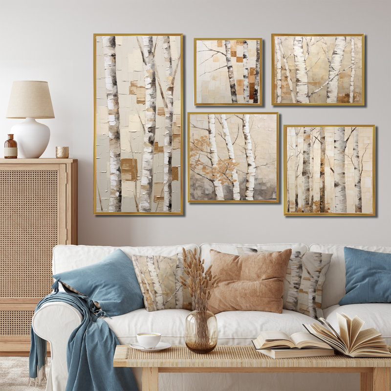 Ensemble de 5 décorations murales beige bouleau I - arbre bouleau, Cadre flottant blanc