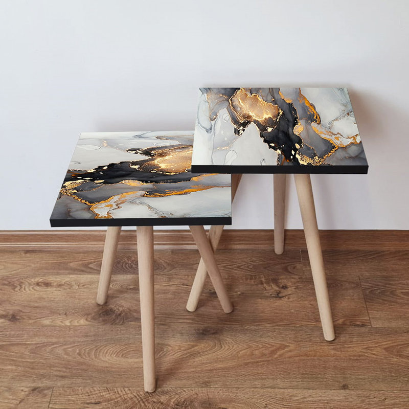 Elegant Nesting Table Set (2 Pieces), Abstract Marble Design, White & Gold with Black Accents, 13.8 x 18.5 x 13.8 inches | 100% MDF with Beech Wood Legs, Perfect for Modern Living Room & Home Decor