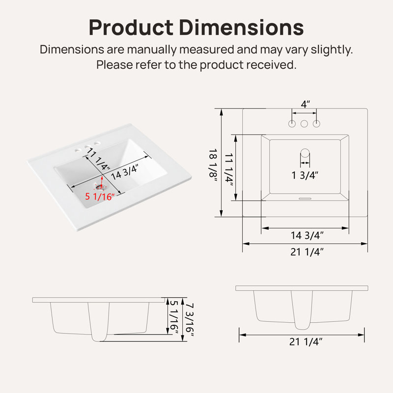 21'' x 18'' White Rectangular Vitreous China Drop-in Bathroom Sink with Overflow, Centerset Faucet