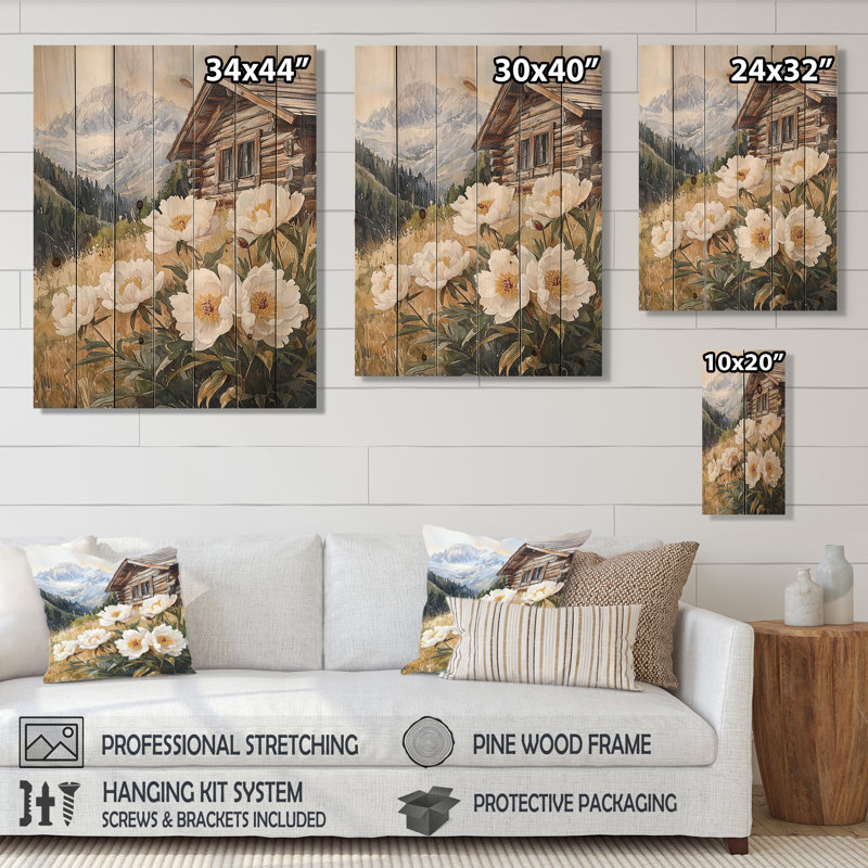 Pivoines au bord de la montagne - décoration murale en bois de pivoines - sur bois de pin naturel