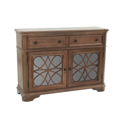 Desserte de salle à manger contemporaine au fini chêne avec armoires de rangement à 2 tiroirs et portes en verre uniques avec