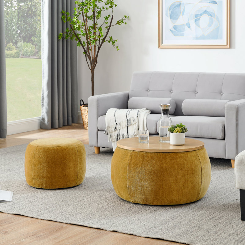 Repose-pieds rond avec rangement, fonction 2 en 1, table de bout avec repose-pieds, Jaune