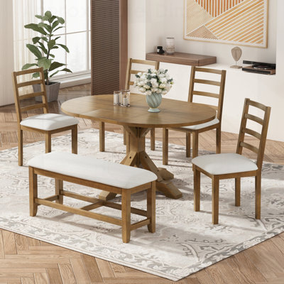 Ensemble de table de salle à manger extensible 6 pièces Farmhouse avec rallonge amovible de 18 pouces, banc et 4 chaises à dossier en échelle pour des sièges polyvalents et une décoration intérieure élégante