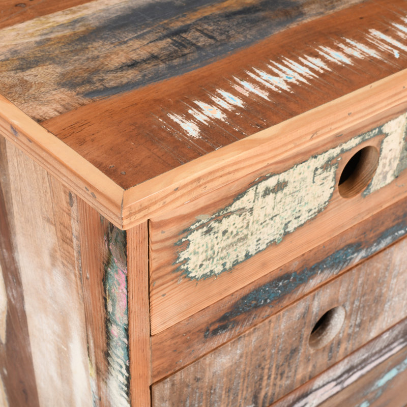 Table de chevet rétro en bois recyclé naturel - 3 tiroirs, table de chevet pratique 3 pour la chambre à coucher