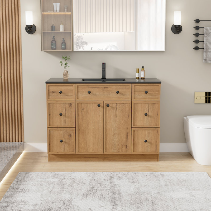 Ensemble de meuble-lavabo simple 48 po avec plateau en résine, assemblage requis, Chêne