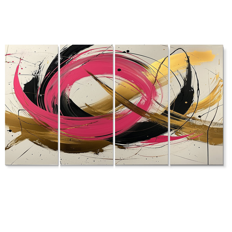 Ensemble de salon abstrait avec cercles abstraits dans des tons roses et dorés II - formes abstraites, H 28 po x l 48 po