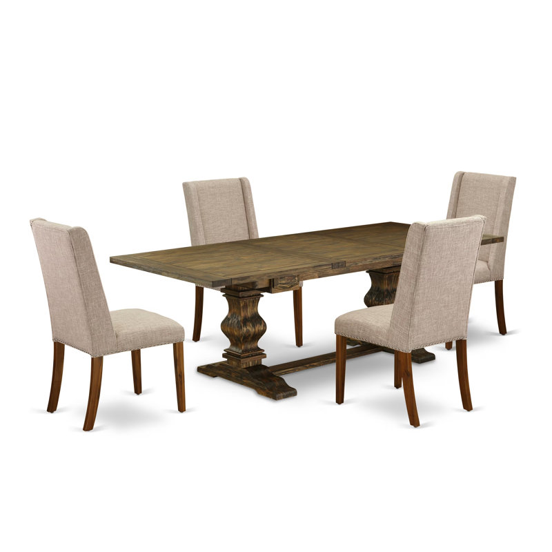 L'ensemble de table de salle à manger 5 pièces pour 4 personnes comprend une table de cuisine rectangulaire avec rallonge amovible et 4 chaises Parsons en tissu brun clair clair, Jacobean