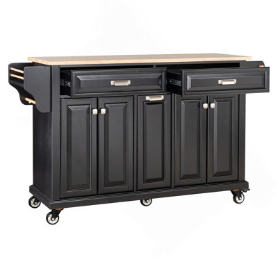 Kitchen Island With Rubber Wood Countertop, Kitchen Cart On 5 Wheels With Storage Cabinet
