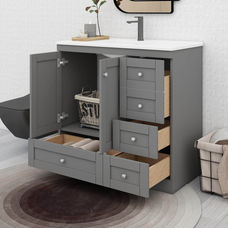 Meuble-lavabo sur pied 36 po avec lavabo en céramique 36 po et 4 tiroirs à fermeture en douceur, Gris