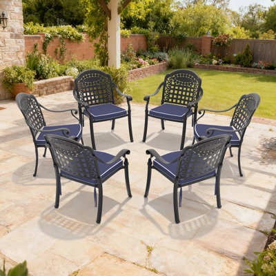 Chaise de patio en aluminium coulé 6 pièces avec cadre noir et coussins bleus