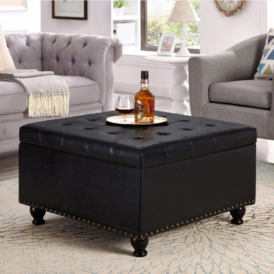 Large Square Storage Ottoman With Wooden Legs, Upholstered Button Tufted Coffee Table With Nail Trims