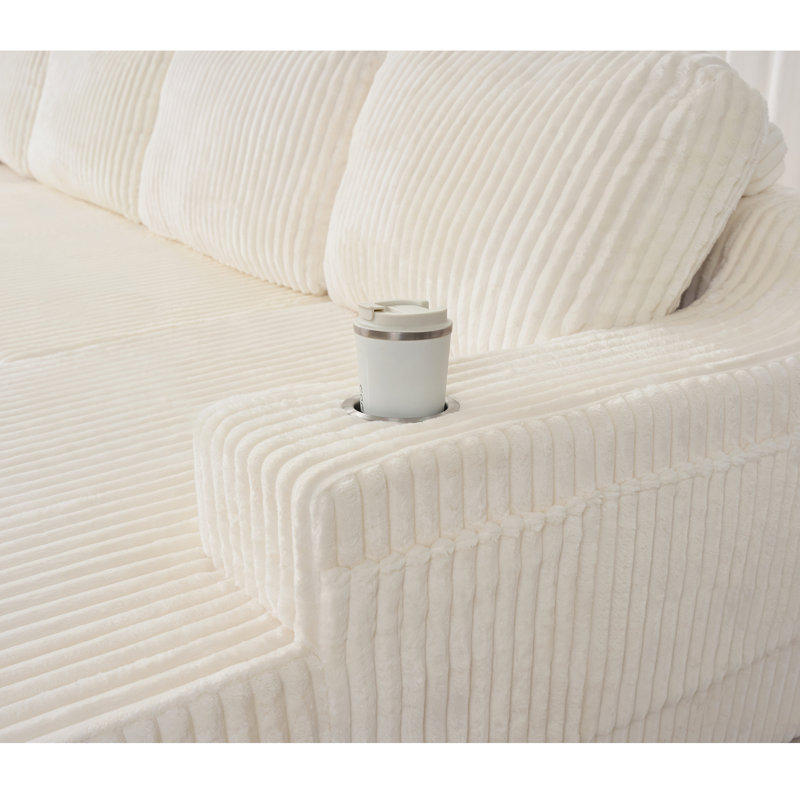 Canapé modulaire en forme de U modulaire, grand canapé en velours côtelé avec ressorts ensachés et mousse haute densité, ensemble de bricolage convertible 4 pièces avec porte-gobelets en métal, poches de rangement et dossier antidérapant - beige