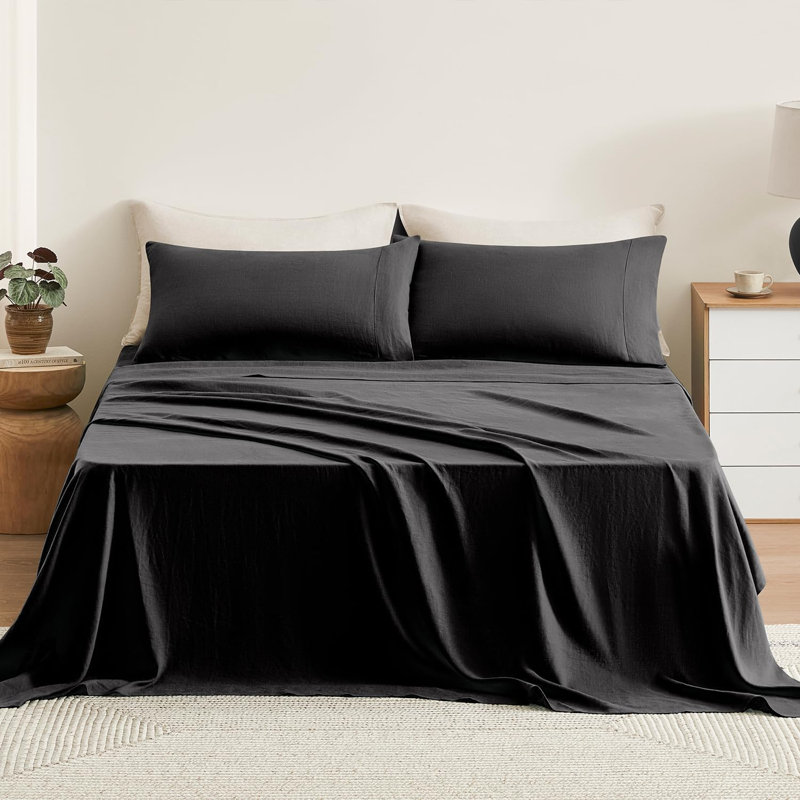 TOSMO 100% Linen Sheet Set, black, Full
