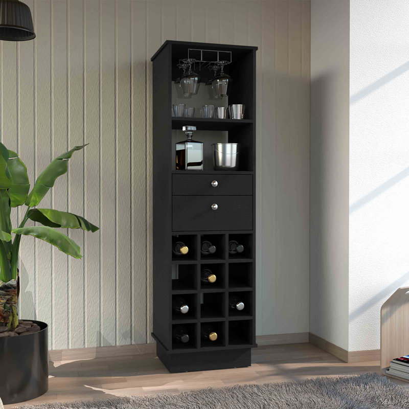 Armoire de bar haut classique avec deux tiroirs, deux tablettes et douze casiers de rangement de vin intégrés