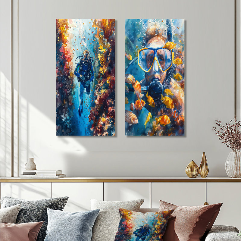 Plongée en apnée dans la grande barrière de corail I - ensemble de 2 décorations murales en métal, 40" H x 40" W