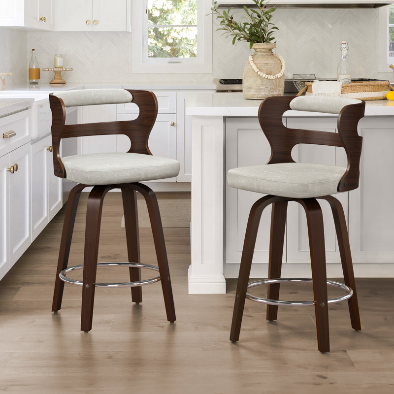 Deshunda Swivel Upholstered Counter Stool with Solid + Manufactured Wood Frame, Light Beige Gray/Black