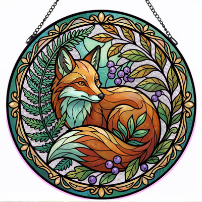Fox Art Stained Glass Window Panel，7.8H