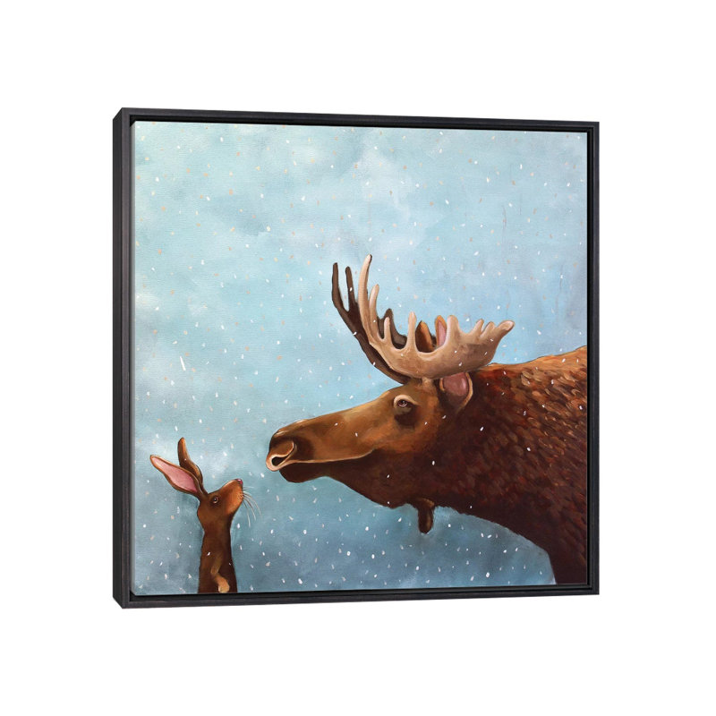 «Moose and Rabbit» par Lucia Stewart - impression sur toile, H 18 po x l 18 po x 1,5 po, Toile avec cadre noir patiné