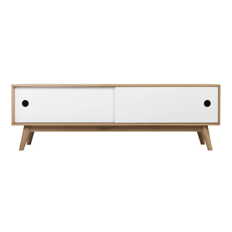 Meuble télé moderne Universal Expert Abacus pour téléviseurs jusqu'à 65 pouces, console de rangement en chêne et blanc avec portes coulissantes et système de gestion des câbles
