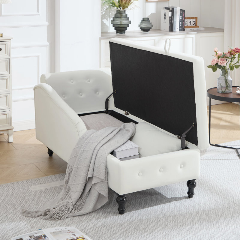 Chaise longue de rangement en velours Eastham, Beige, Orienté vers la gauche