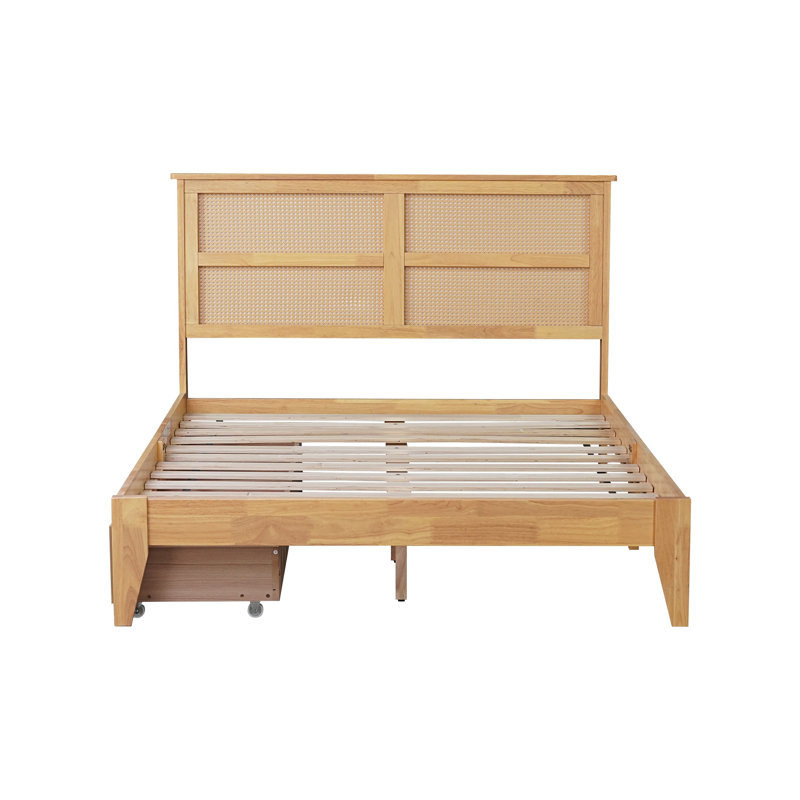 Structure de lit double chêne blanc avec tête de lit en rotin tissé et 2 tiroirs, support de lit plateforme en bois massif