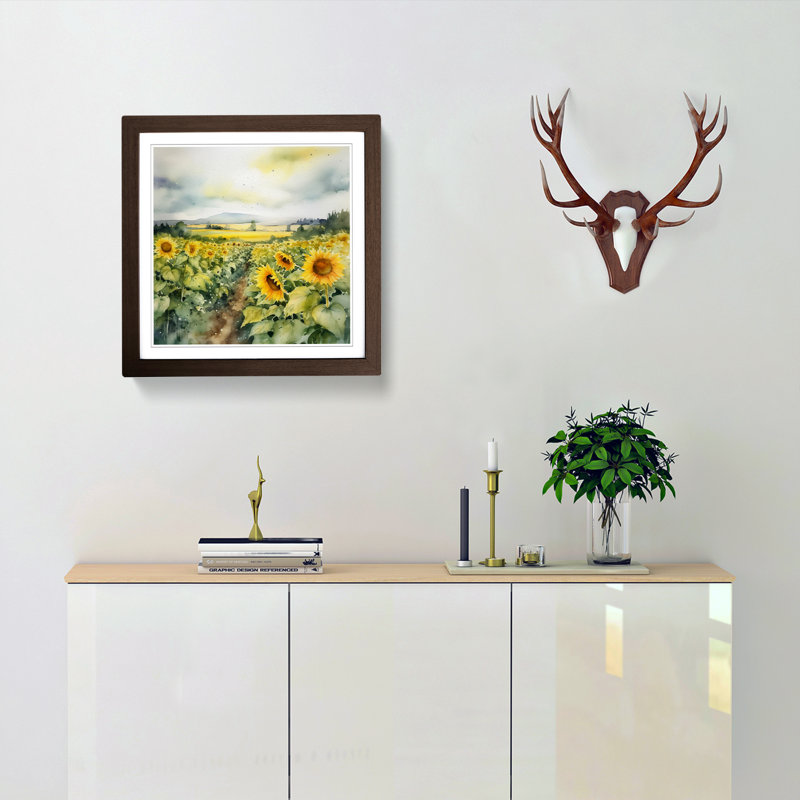 Sunflower Field Watercolour No.1 - Framed Print, Walnut