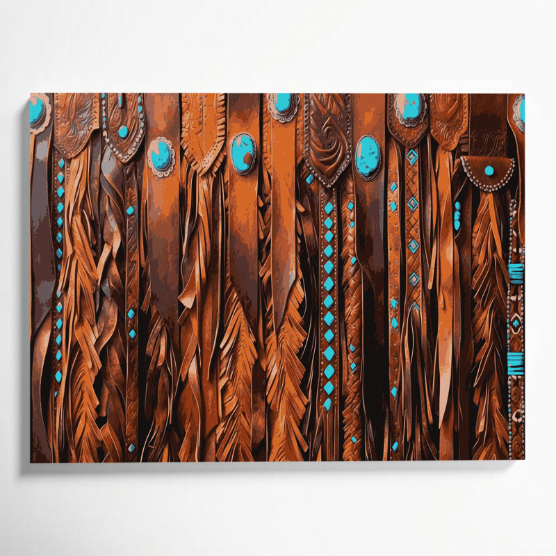 «Southwestern Cowboy», art mural sur toile en cuir brun à 68 franges, H 20 po x l 24 po