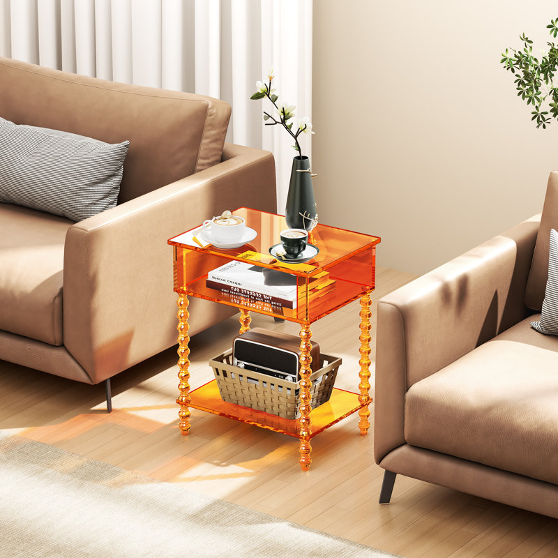 Acrylic Side Table, Clear 3-Tier End Table With Storage, Nightstand For Living Room, Bedroom, Office, Orange