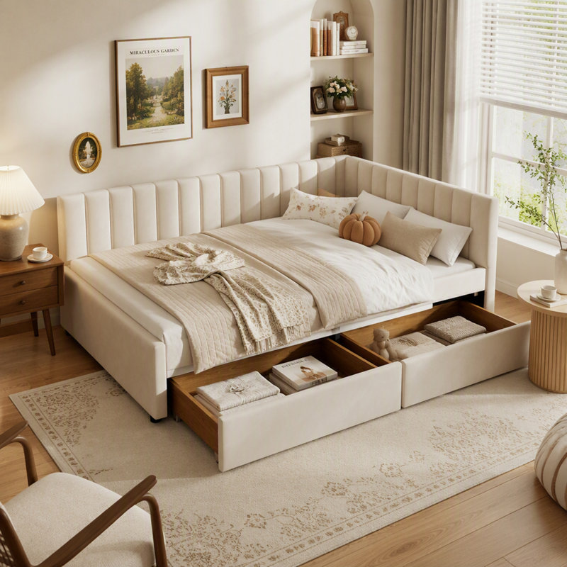Lit de jour avec tiroirs de rangement, lit de coin capitonné avec tête de lit en forme de L, cadre en velours pour salon et chambre d'amis