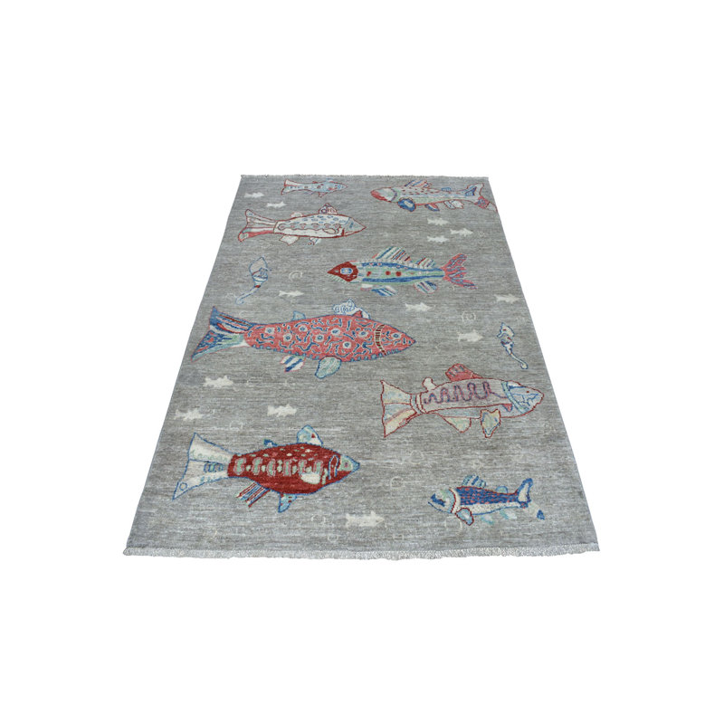 Tapis décoratif en laine de conception unique 4 pi x 6 pi noué à la main gris
