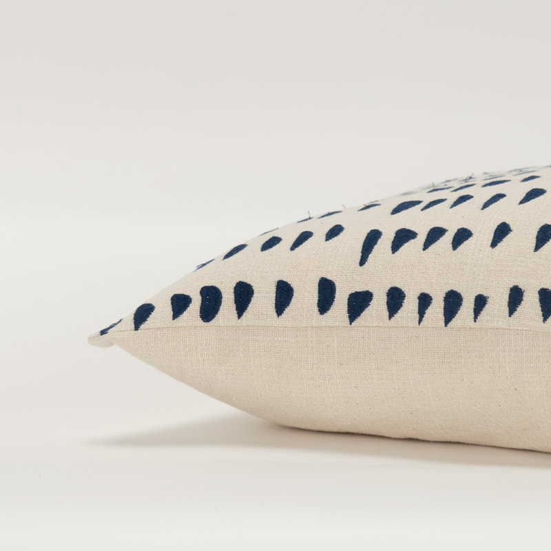 Natural and Deep Dark Blue Cotton Embroidered Lumbar Pillow