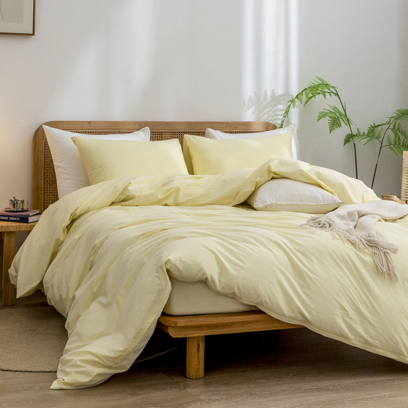 BESTOUCH Duvet Cover Set 100% Washed Cotton Linen Feel Lightweight, Light Yellow, Full Duvet Cover + 2 Standard Pillowcases