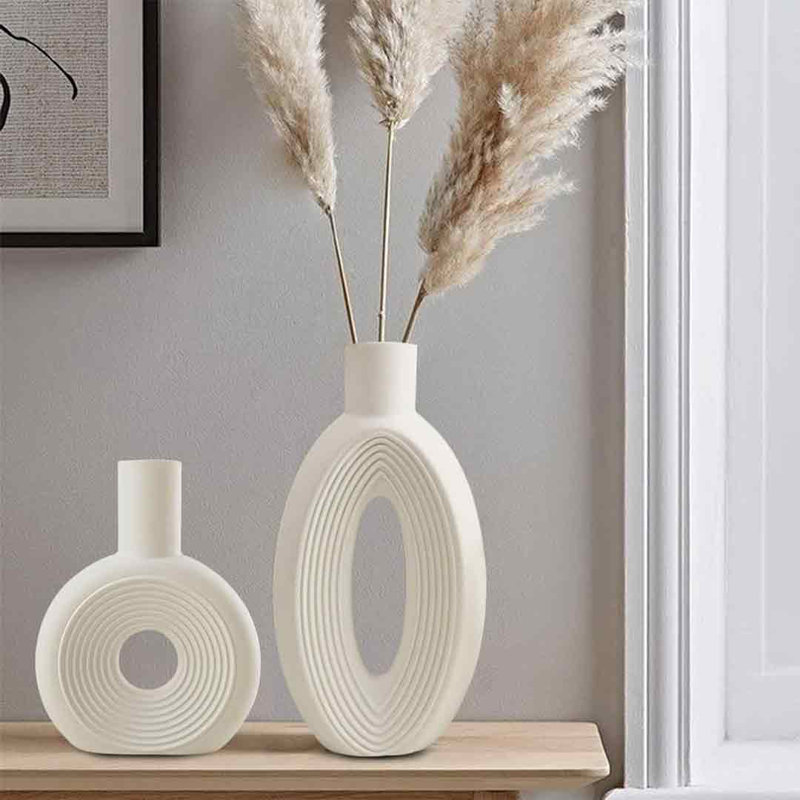 White Ceramic Hollow Center Vase Set for Modern Decor