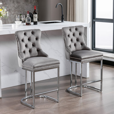 Modern Velvet Barstools With Button BackRivet Trim Upholstered Kitchen Island Chairs