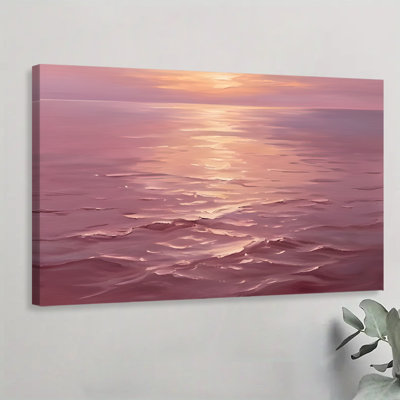 «Soft Pink and Orange Sunset Waves Impressionist», peinture à l'huile sur toile encadrée