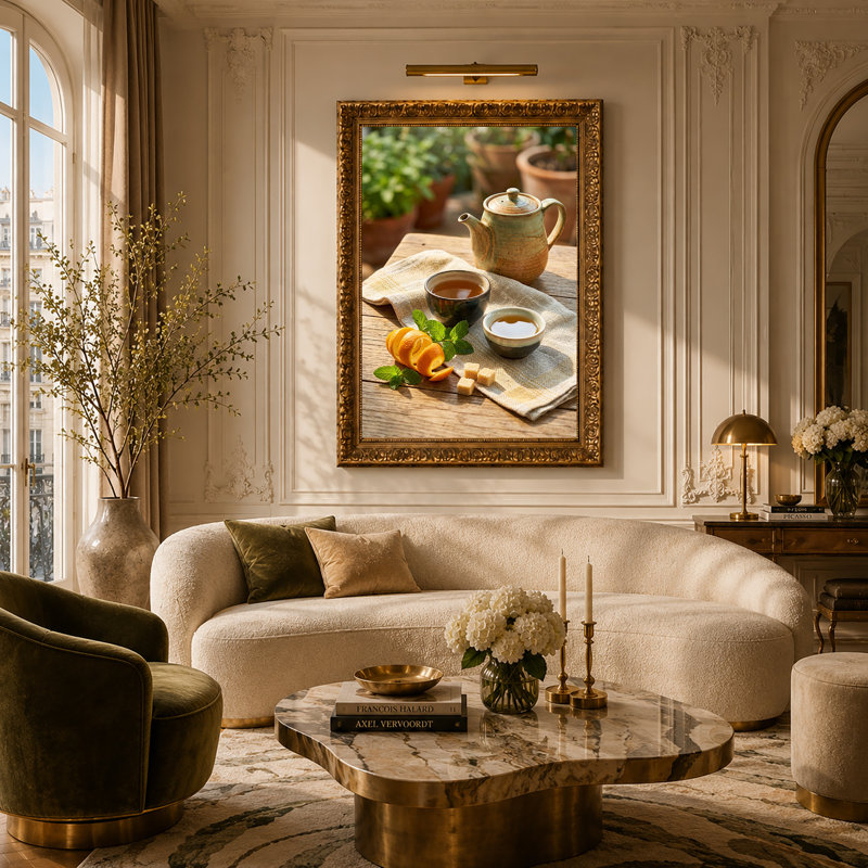 Théière en céramique avec tranches d'orange et feuilles de menthe sur toile, H 30 po x l 20 po