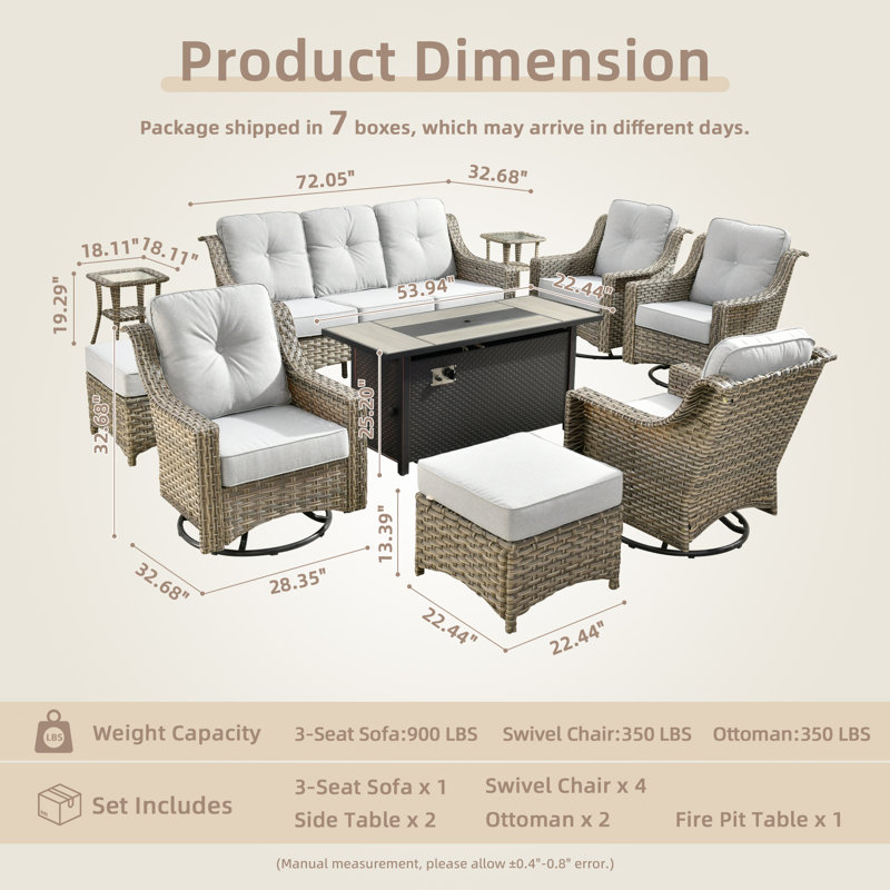 10 Pieces Patio Furniture Set With 53" Fire Pit Table, Outdoor Wicker Swivel Rocking Chairs With Comfy Cushions, All-weather High Back Sofa Couch Set For Backyard Or Lawn